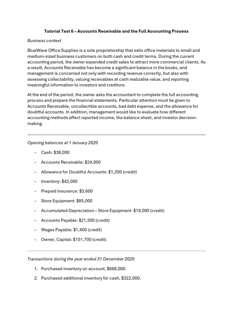 Tutorial Test 6 - Student Handout | PDF | Bad Debt | Income Statement