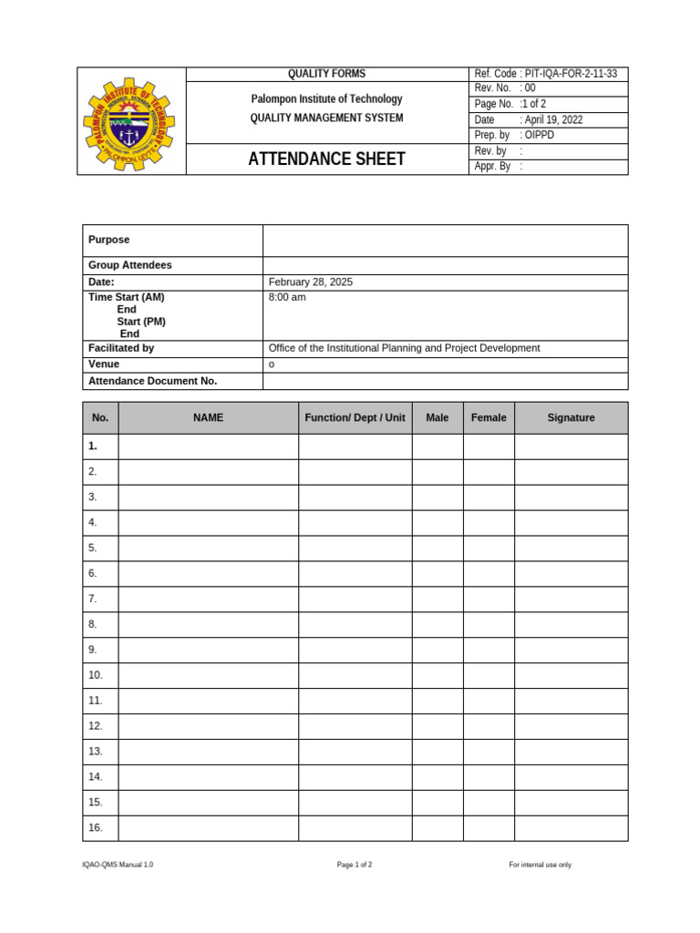 Attendance Sheet ISO Template | PDF