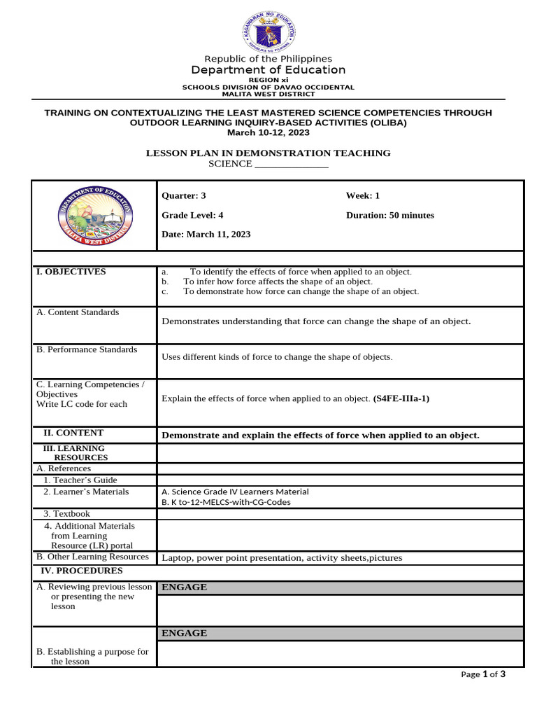 Department of Education: Lesson Plan in Demonstration Teaching | PDF ...