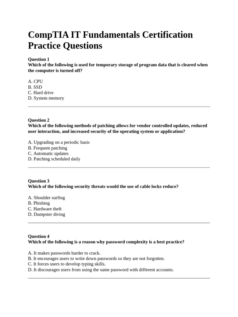 CompTIA IT Fundamentals Certification Practice Questions | PDF ...