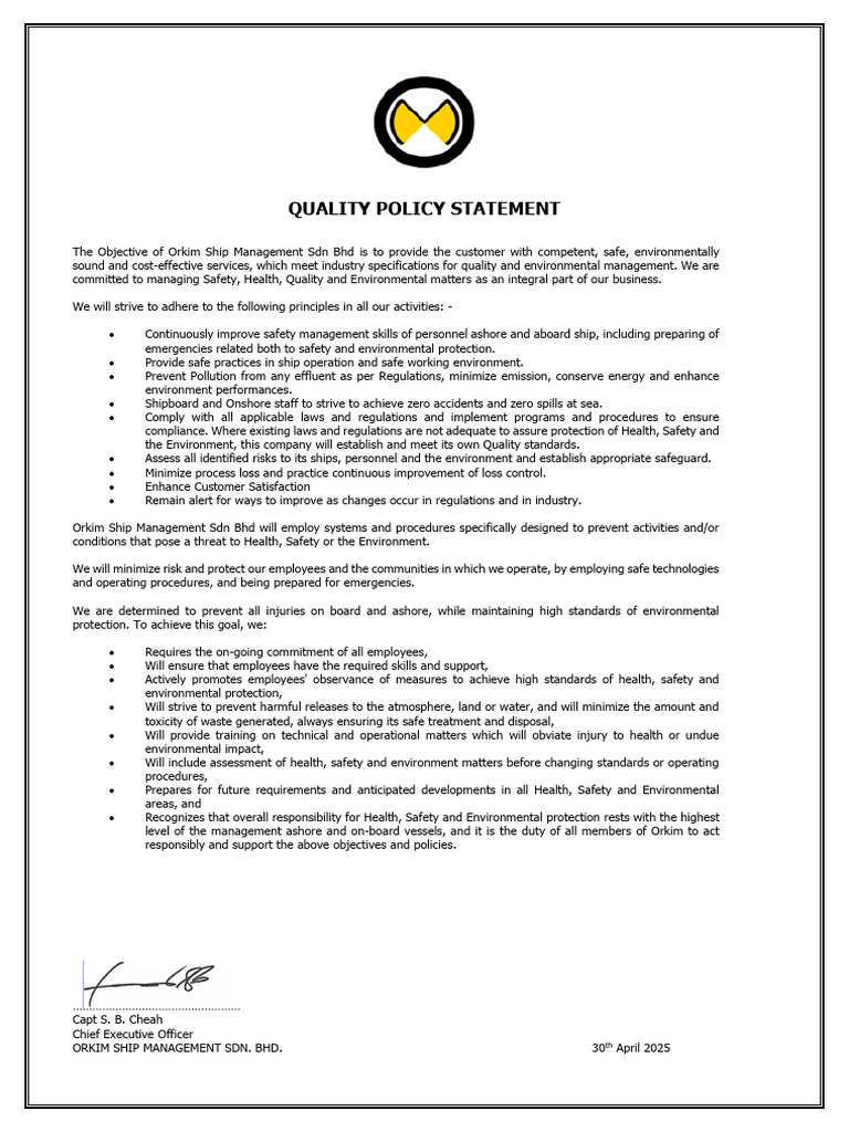 5 Quality Policy Statement | PDF | Safety | Regulatory Compliance