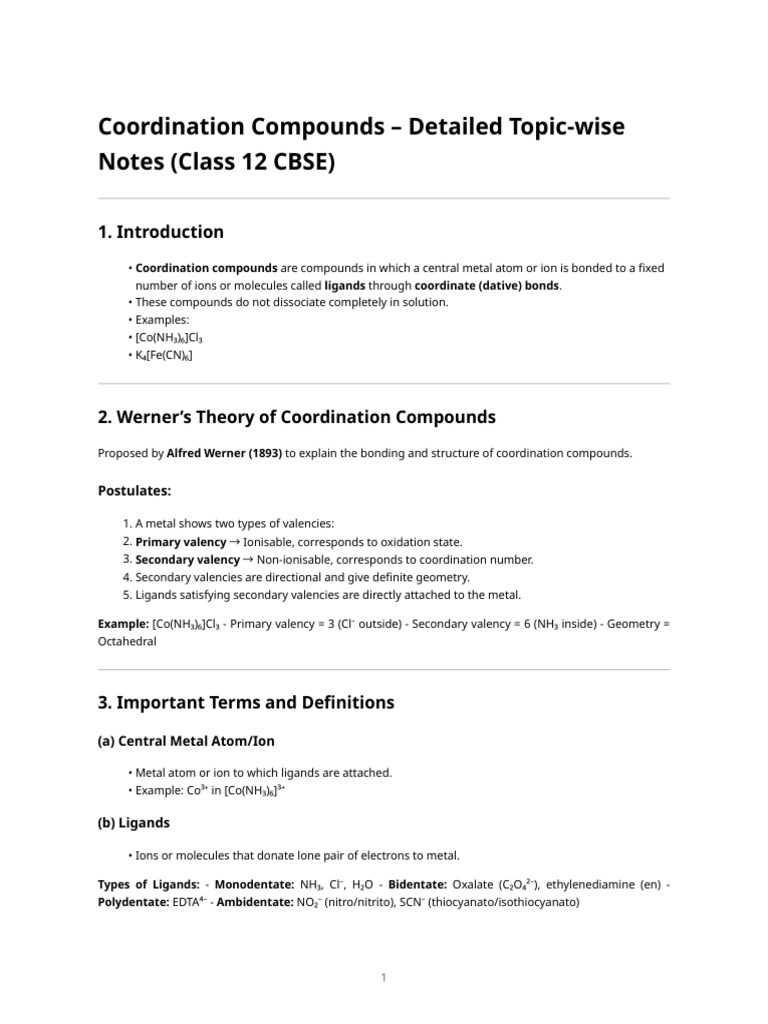 Class 12 Chemistry - Coordination Compounds (Complete Notes) | PDF ...