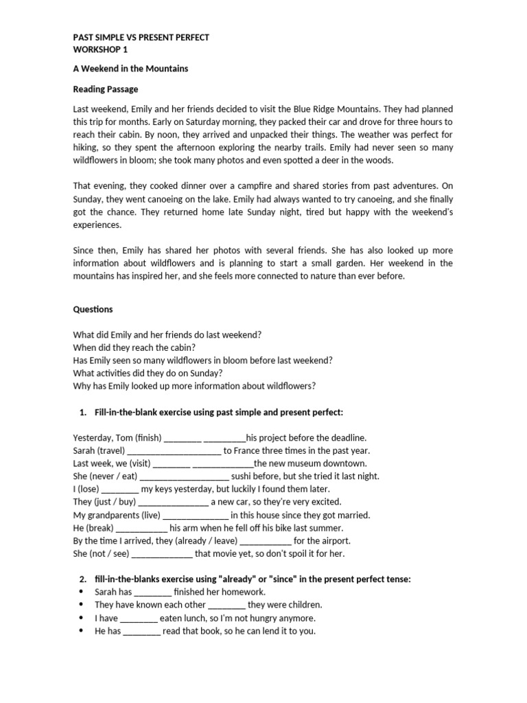 Past Simple Vs Present Perfect ReADING 1 | PDF