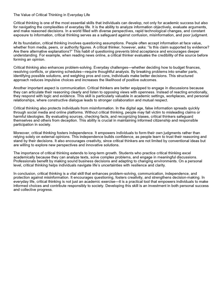 The Value of Critical Thinking in Everyday Life | PDF | Critical ...