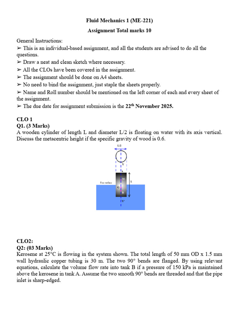 Fluid Mechanics Assignment 2025 | PDF