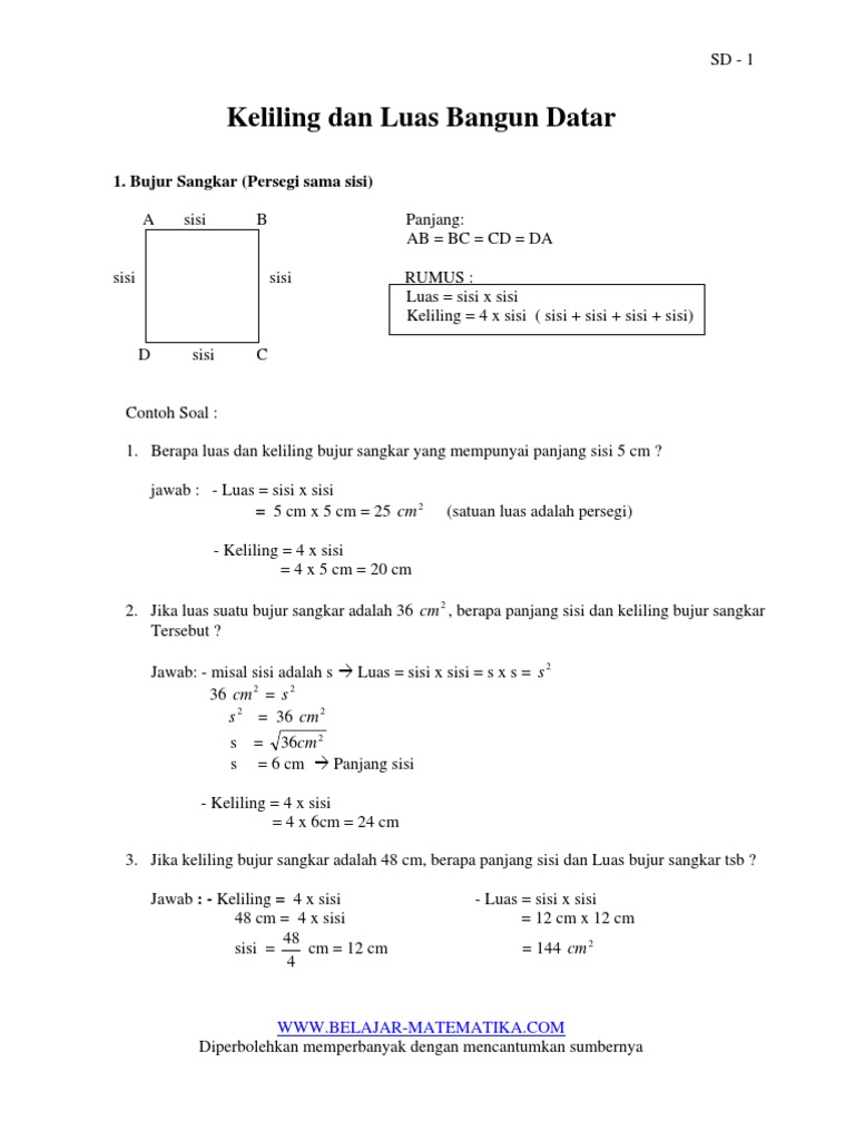 Keliling Dan Luas Bangun Datar 1 Bujur Sangkar Persegi Sama Sisi