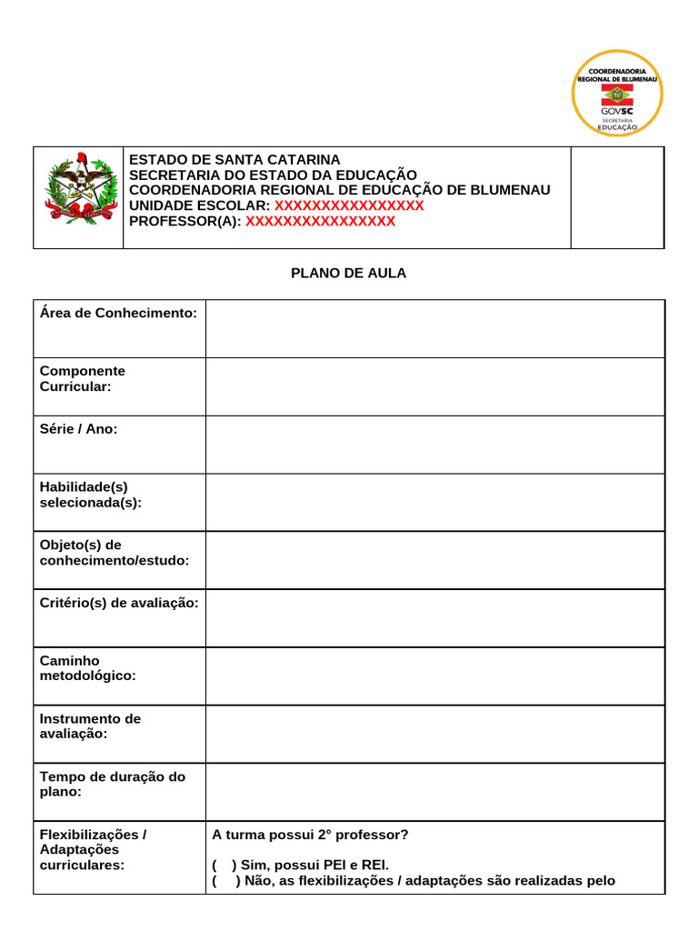 Modelo de Plano de Aula 2026 - CRE BLUMENAU | PDF