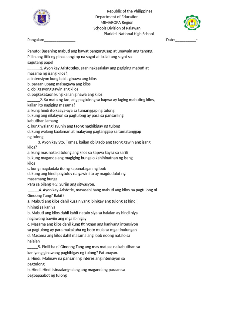 ESP Quarter 2 Exam | PDF