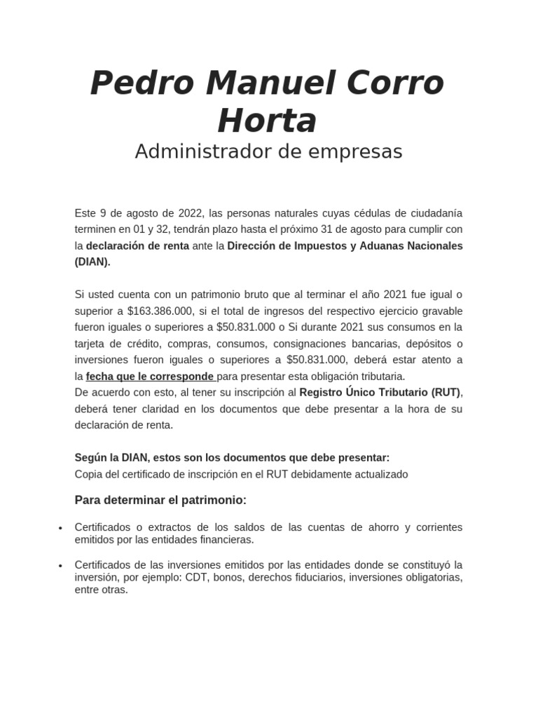 Documentos para Declarar Renta en Colombia | PDF | Costo de la vida ...