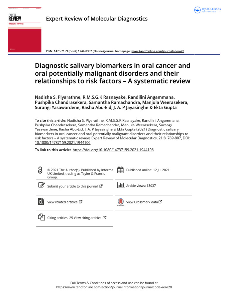Diagnostic Salivary Biomarkers in Oral Cancer and Oral Potentially ...