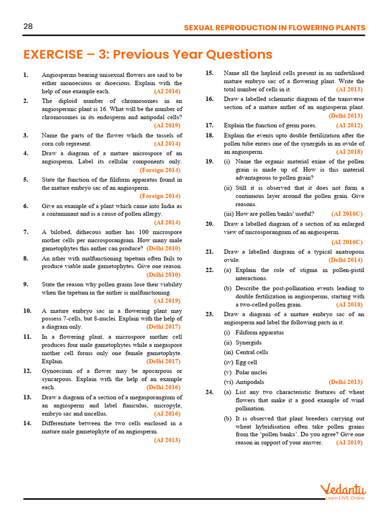 EXERCISE - 3: Previous Year Questions: Sexual Reproduction in Flowering ...