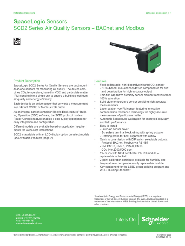 SpaceLogic Sensors - SCD2 Series Air Quality Sensors - BACnet and ...