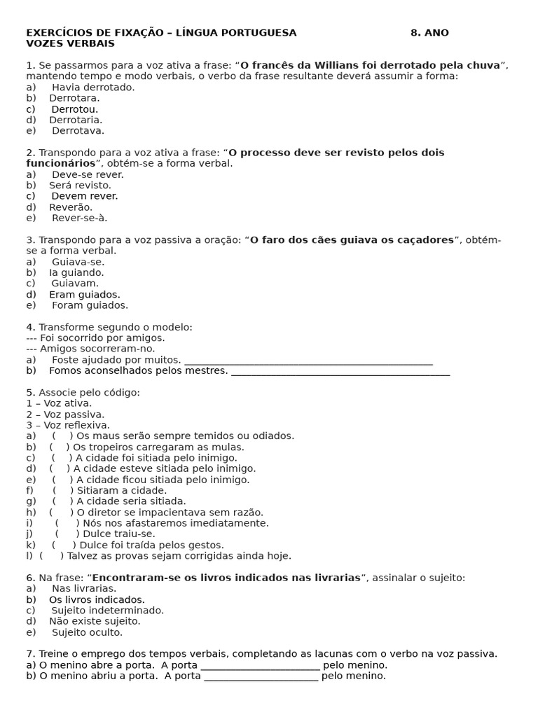 Exercicios Vozes Verbais 8.ano | PDF | Assunto (gramática) | Linguística