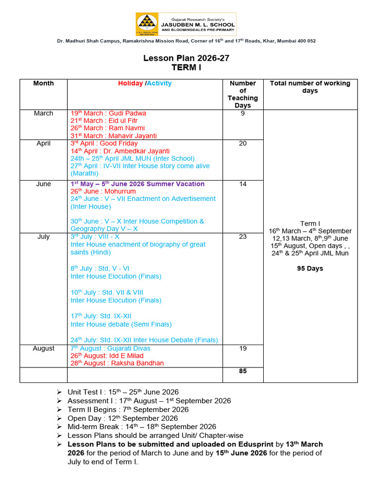 Lesson Plan - 2026-27 - With Submission Dates | PDF