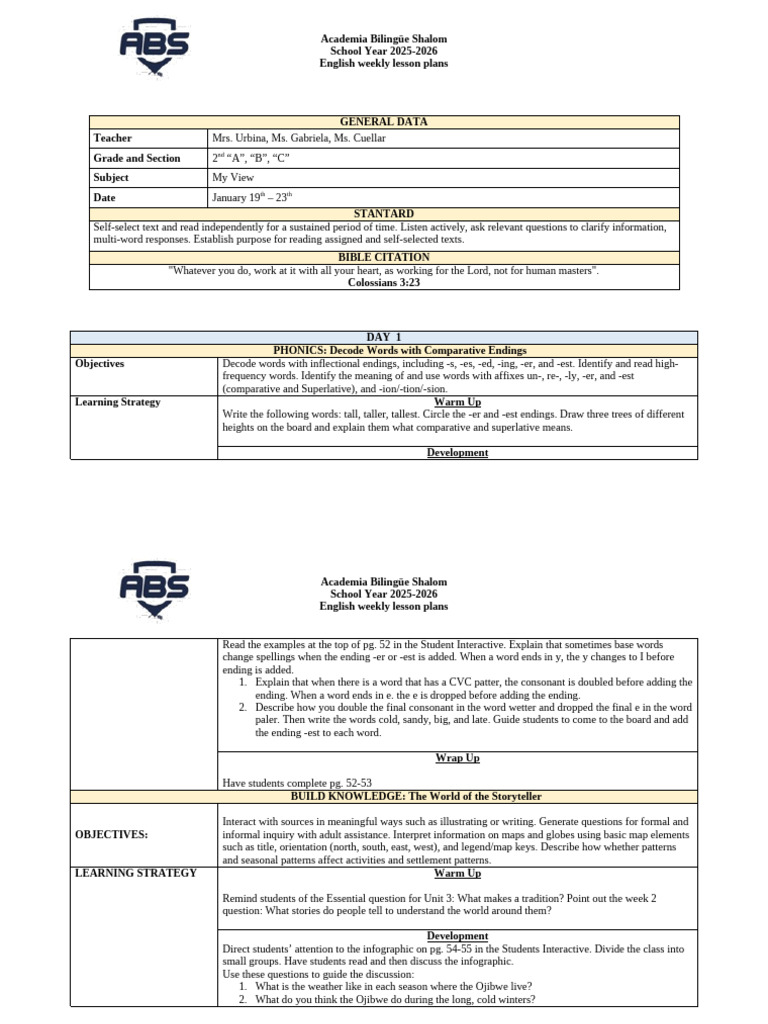 MyView - Lesson Plan - 2nd Grade - Jan. 19th-30th | PDF | Phonics ...