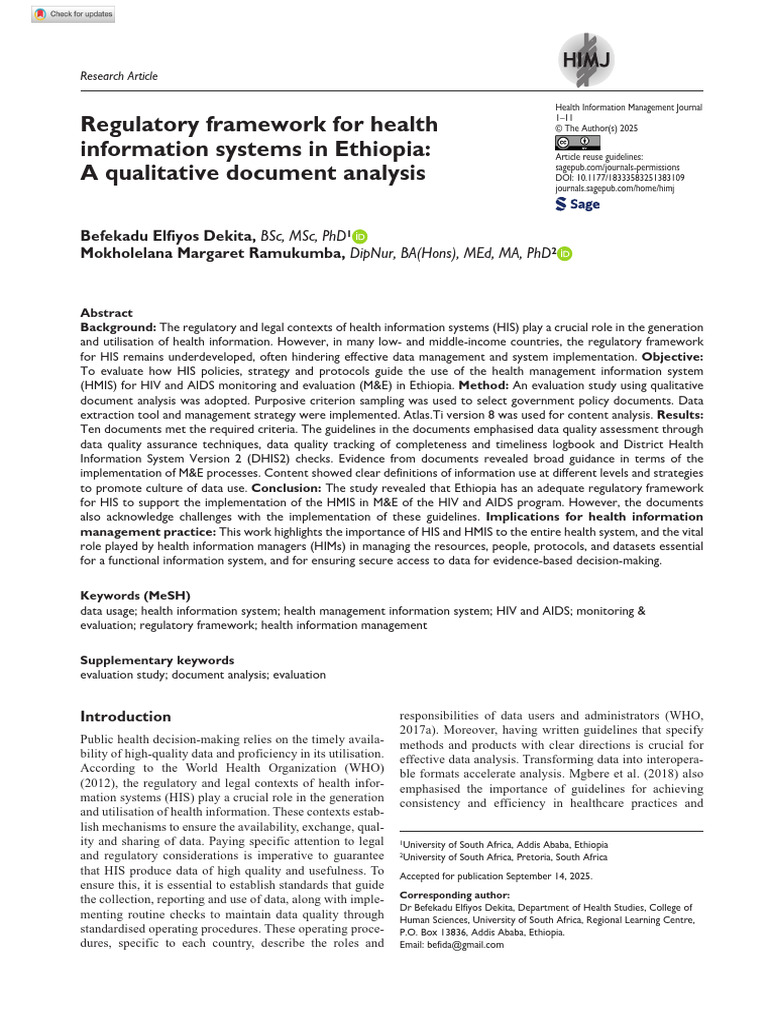 2025 Regulatory Framework For Health Information Systems in Ethiopia A ...