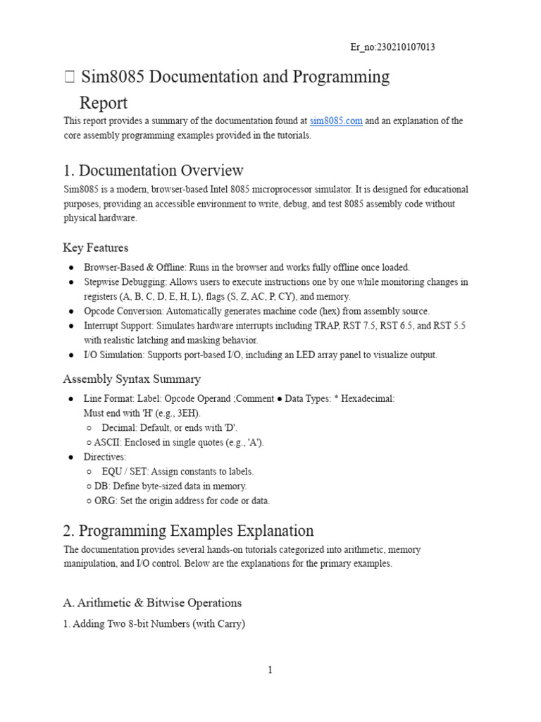 Sim8085 Report - 7013 | PDF | Computer Architecture | Computer Engineering