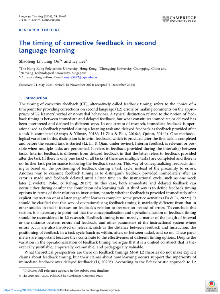 The Timing of Corrective Feedback in Second Language Learning | PDF ...