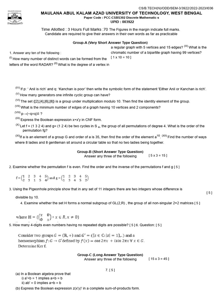 PCC-CSBS302 Discrete Mathematics | PDF | Group (Mathematics ...