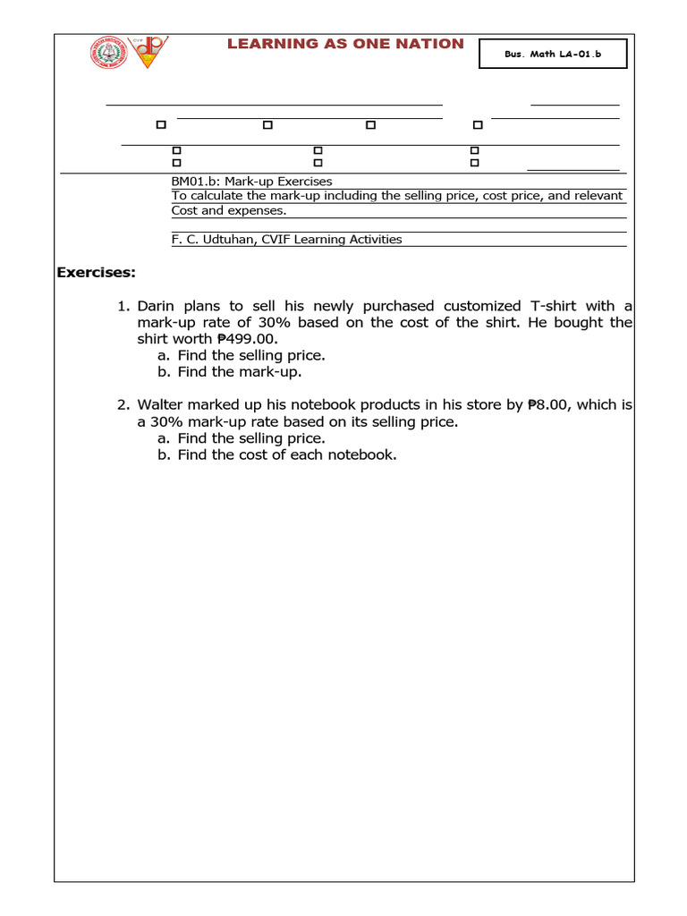 BusMath LAS 1b Mark-Up Exercises | PDF