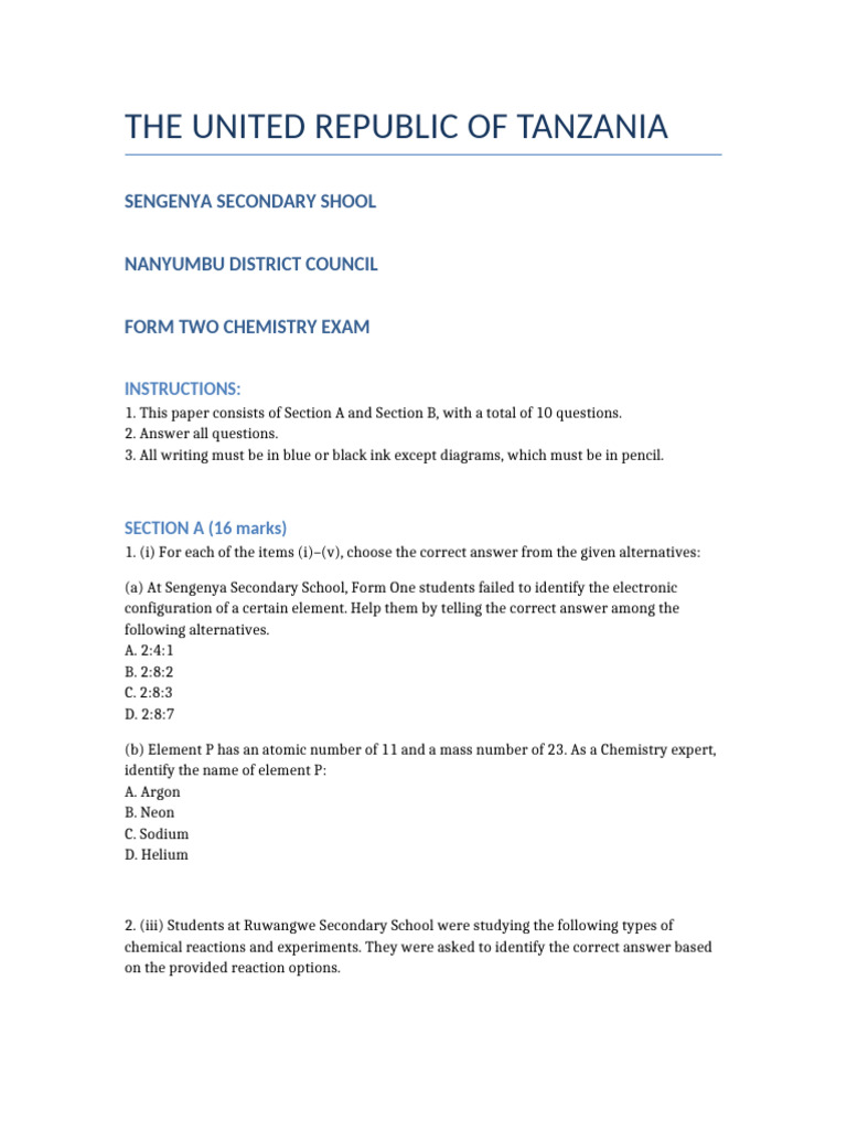 Form Two Chemistry Exam | PDF | Ion | Chemical Compounds