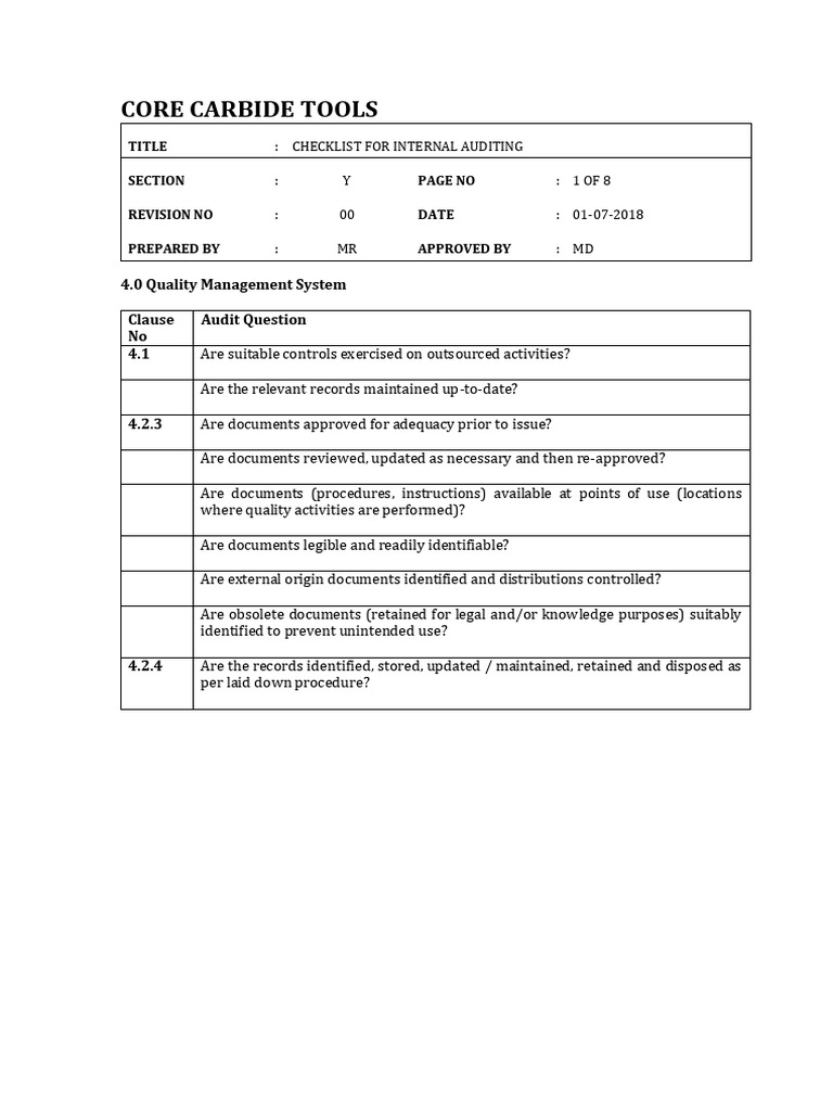 SECTION - Y Checklist For Internal Auditing | PDF | Audit | Quality ...