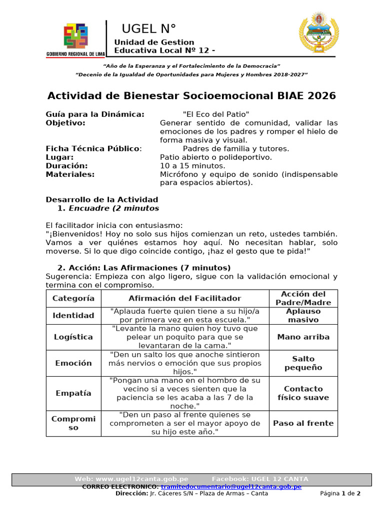 Actividad de Bienestar Socioemocional BIAE 2026 | PDF