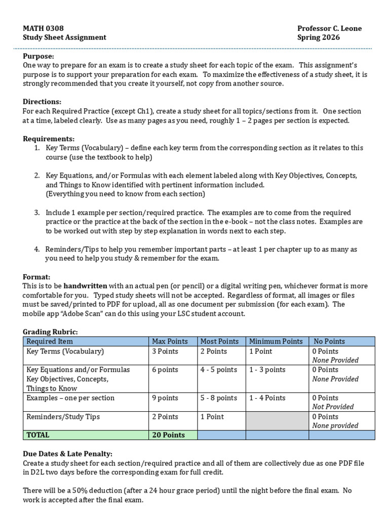 MATH 0308 Study Sheet Assignment SP26 | PDF