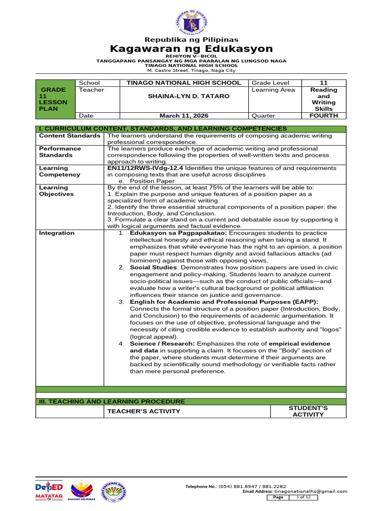 Detailed-Lesson-Plan Eng11 q4 Position Paper (1) 2 | PDF | Teachers ...
