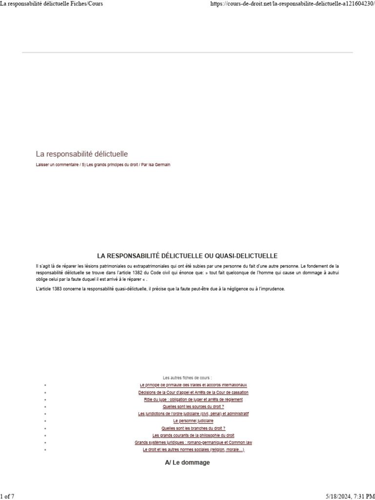 La Responsabilité Délictuelle Fiches - Cours | PDF | Crimes | Crime et ...