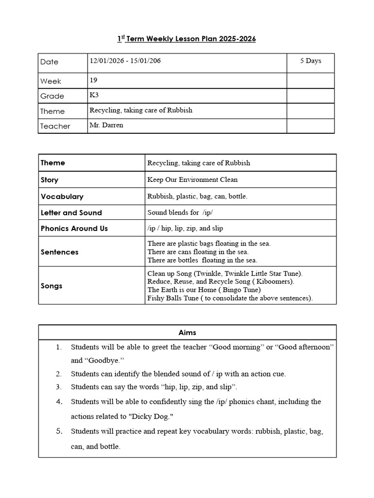 Lesson Plan - k3 - wk19 | PDF | Recycling | Waste