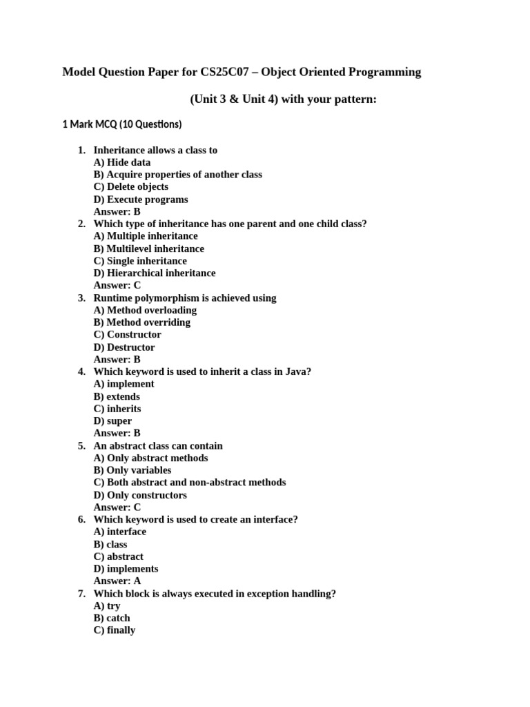 Model Question Paper For CS25C07 | PDF | Inheritance (Object Oriented ...