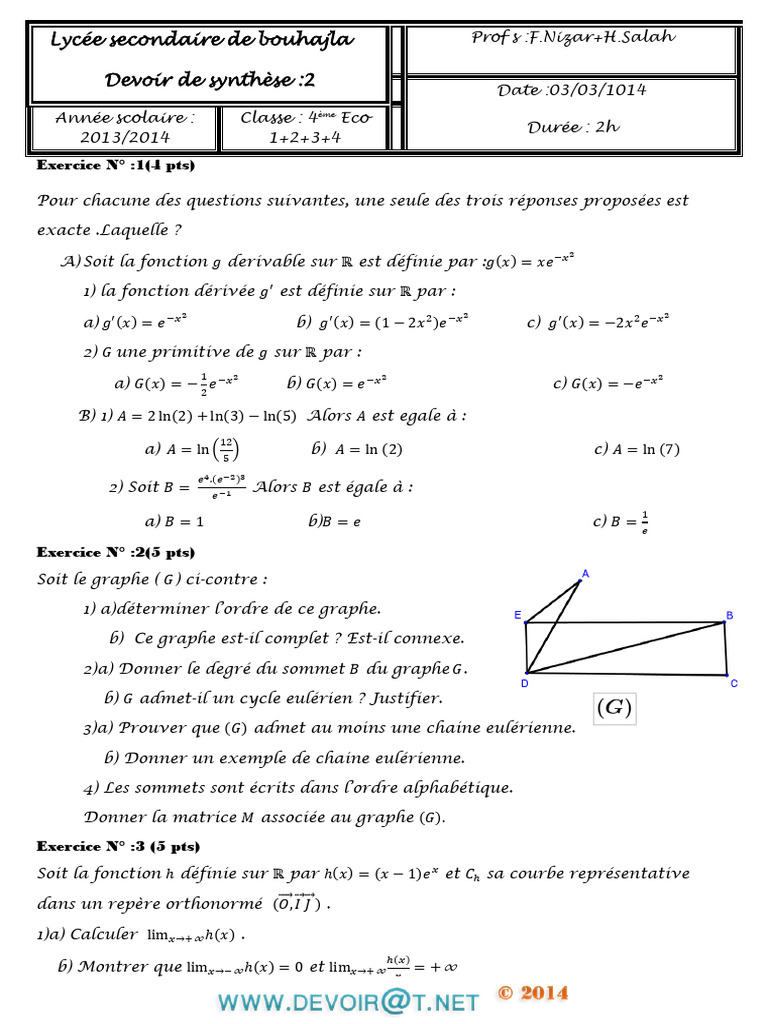Devoir de Synthèse N°2 - Math - Bac Economie & Gestion (2013-2014) MR ...