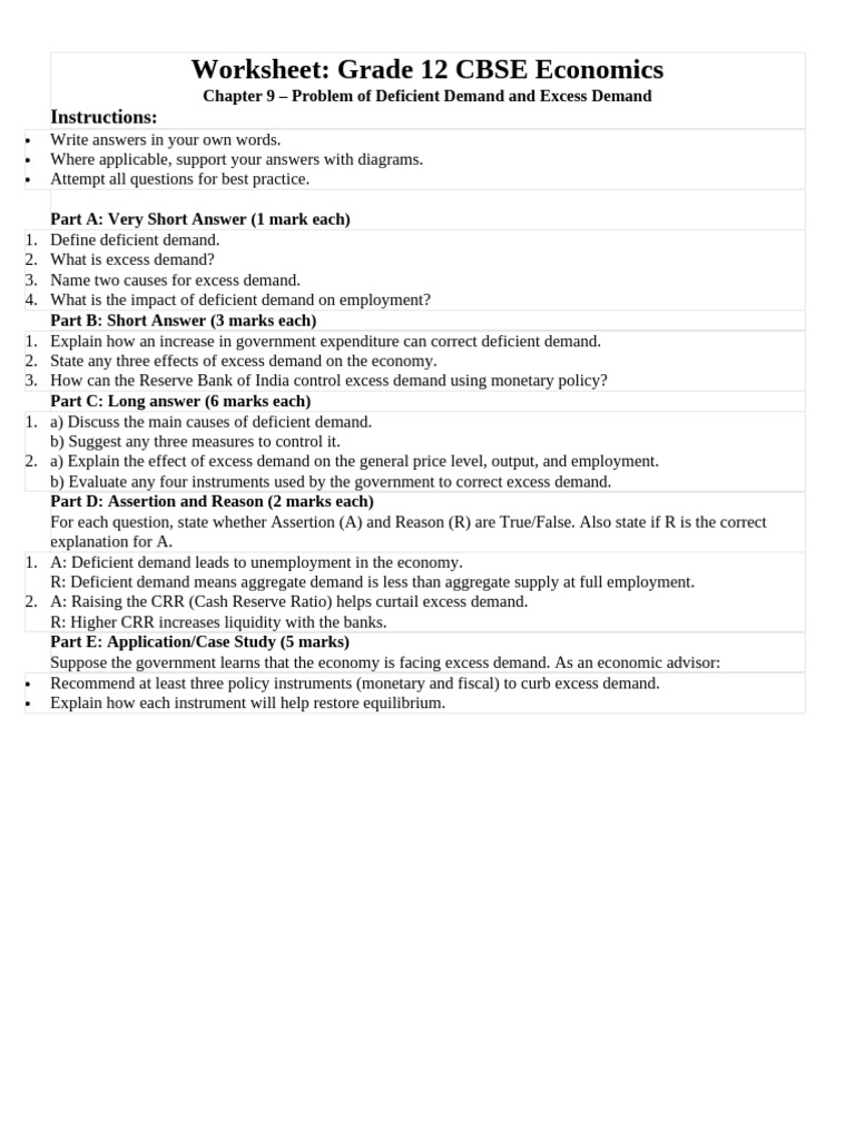 Worksheet Chapter 9 Excess and Deficient Demand | PDF