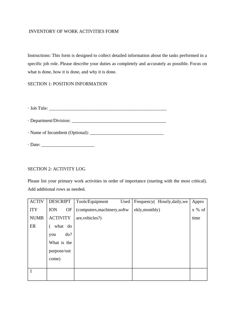 Inventory of Work Activities Form | PDF