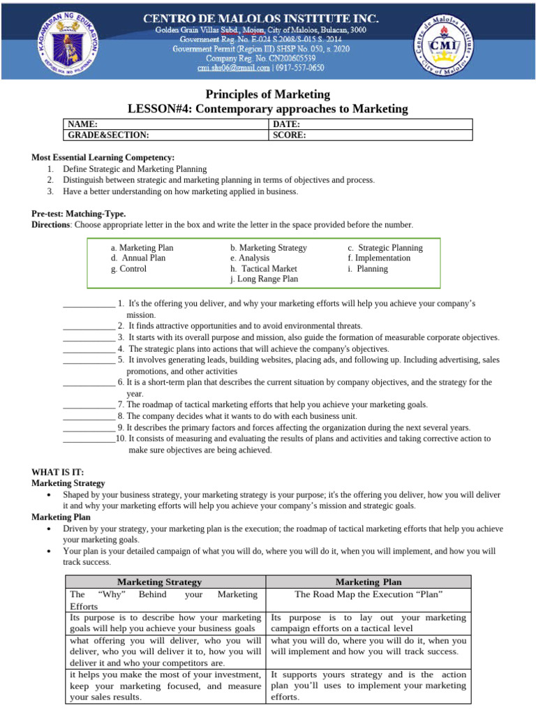 Lesson 4. Contemporary Approach | PDF | Marketing | Strategic Planning