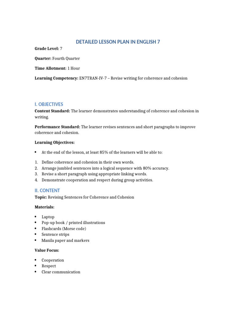 Detailed Lesson Plan English 7 Coherence and Cohesion | PDF