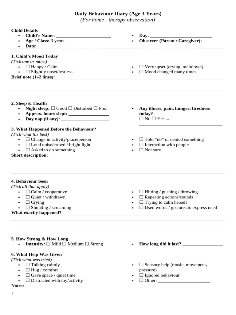 Daily Behaviour Diary | PDF | Behavioural Sciences | Psychology