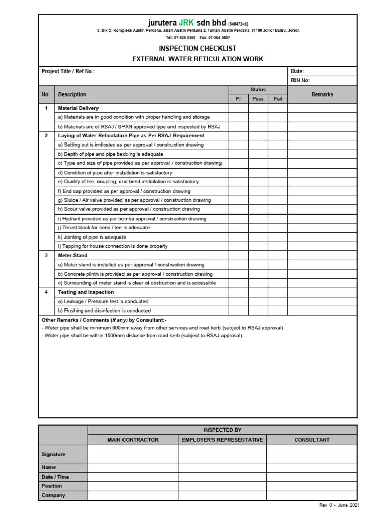 JRK - Project - RIN - Checklist - External Water Reticulation Work Rev ...