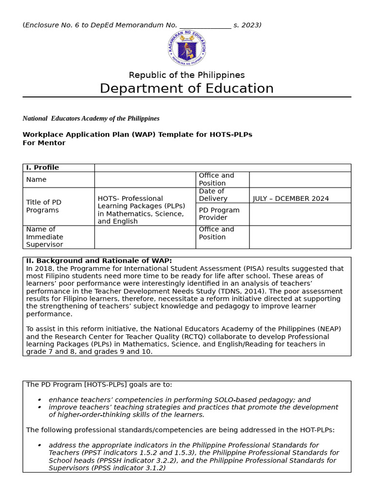 Workplace Application Plan - Format | PDF | Teachers | Learning