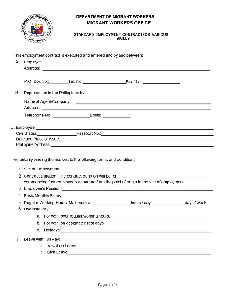 REVISED P100K. DMW Standard Employment Contract Blank Form1 | PDF ...