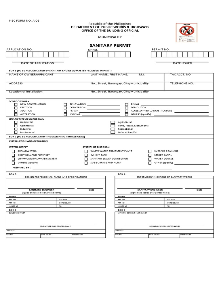 Sanitary Permit Form | PDF | Waste Management | Water Supply