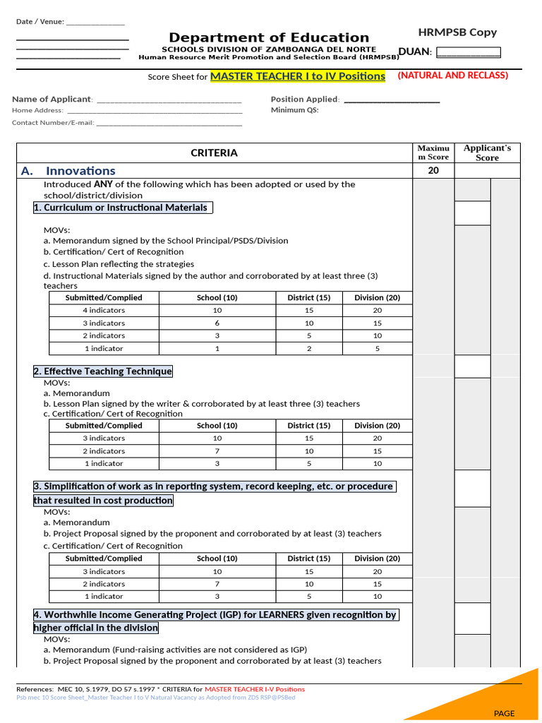 MEC 10 Score Sheet Master Teacher I To V Natural Vacancy ZN 1 | PDF