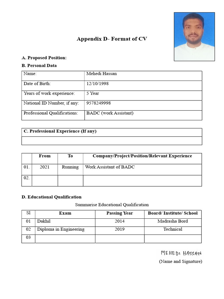Appendix D-Format of CV: A. Proposed Position: B. Personal Data | PDF