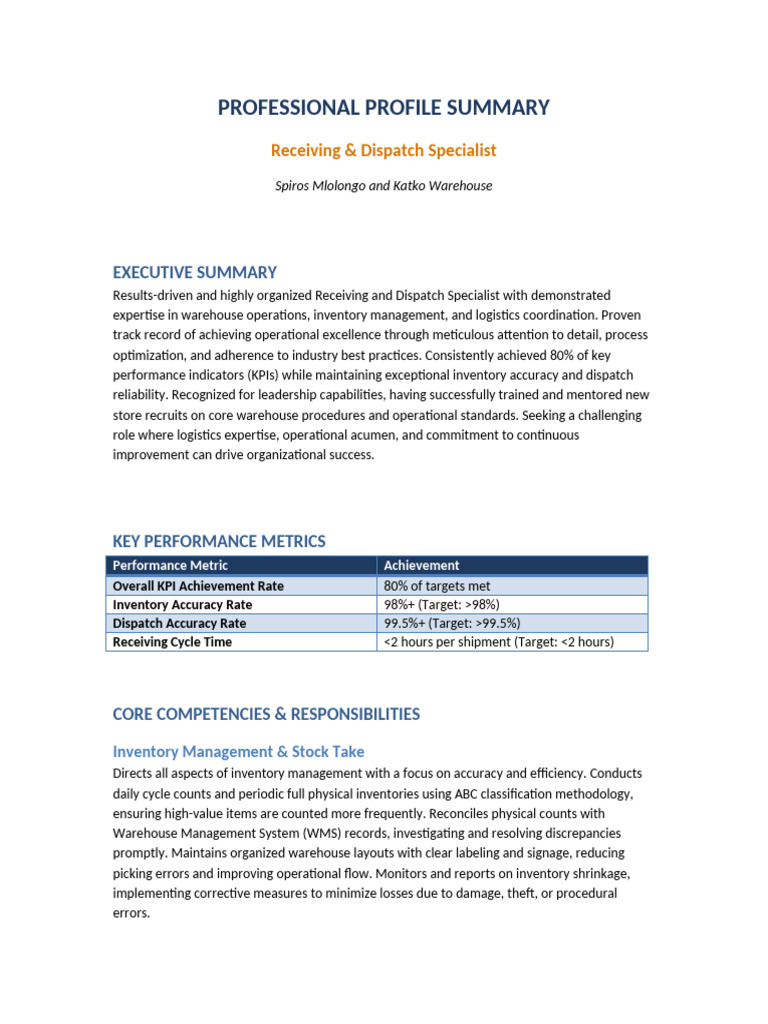 Receiving Dispatch Clerk Professional Summary | PDF | Performance ...