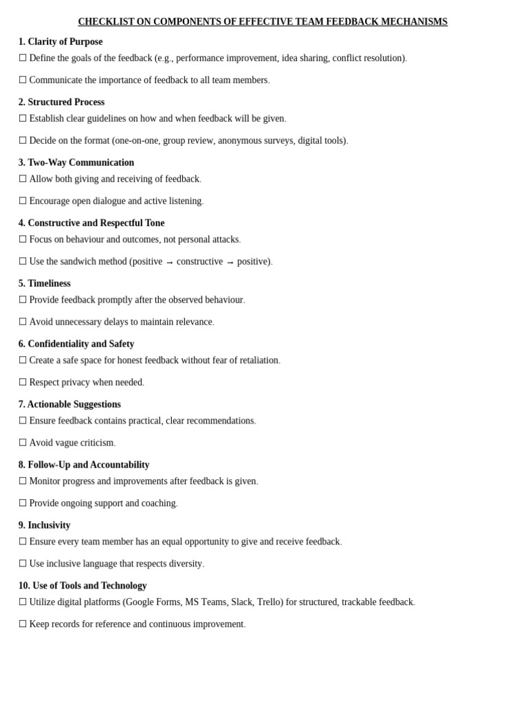 Checklist On Components of Effective Team Feedback Mechanisms | PDF