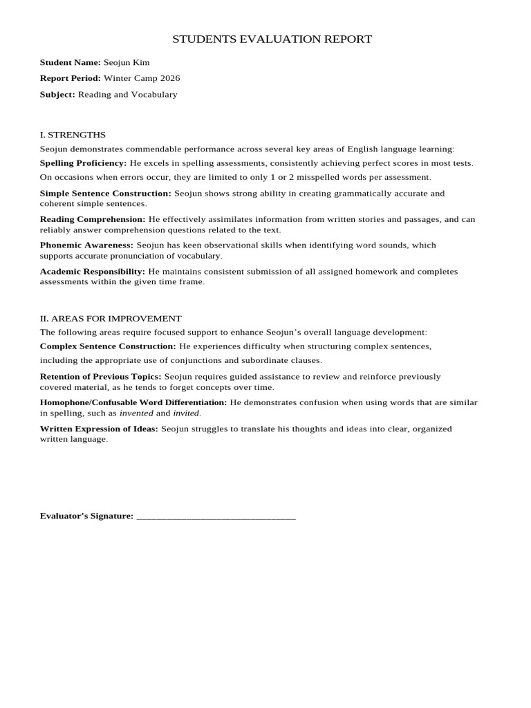 Students Evaluation Report Seojun Kim Final | PDF
