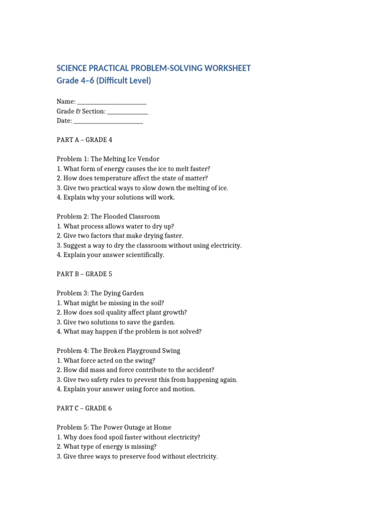 Science Practical Problem Worksheet Grade4-6 | PDF