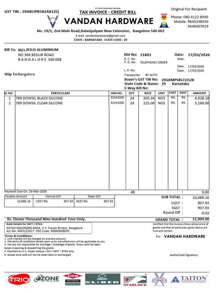 Vandan Hardware: Tax Invoice - Credit Bill | PDF | Payments | Economies