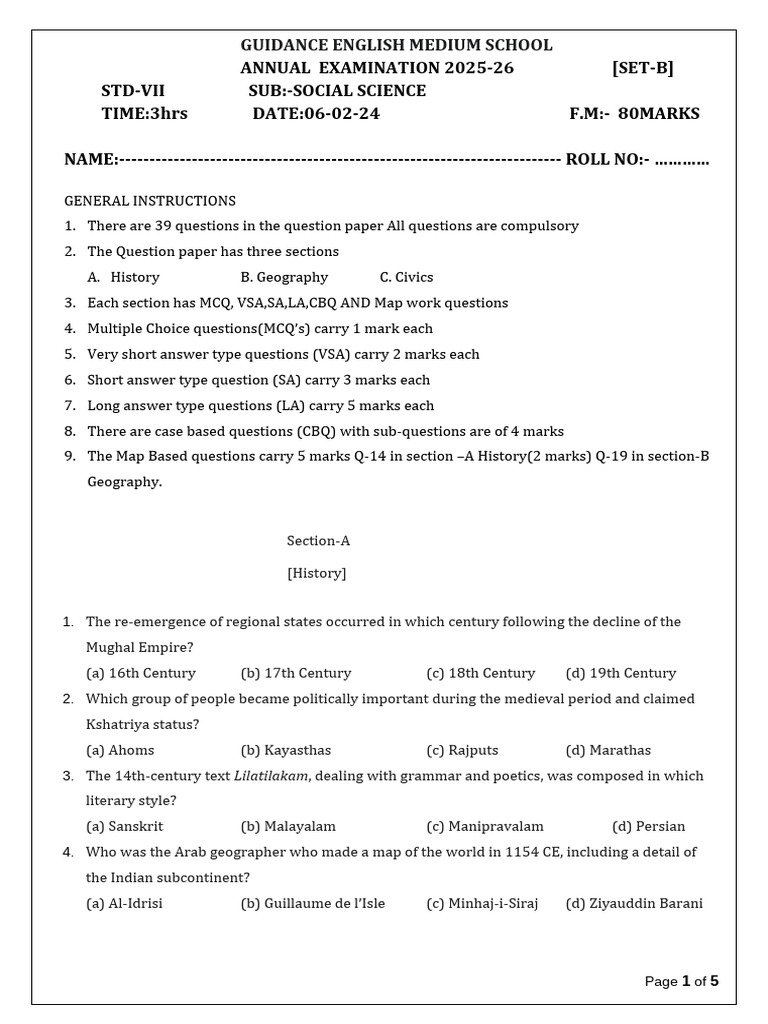 Class 7 SST Question Paper - Docx Set-B | PDF | Desert | Sahara